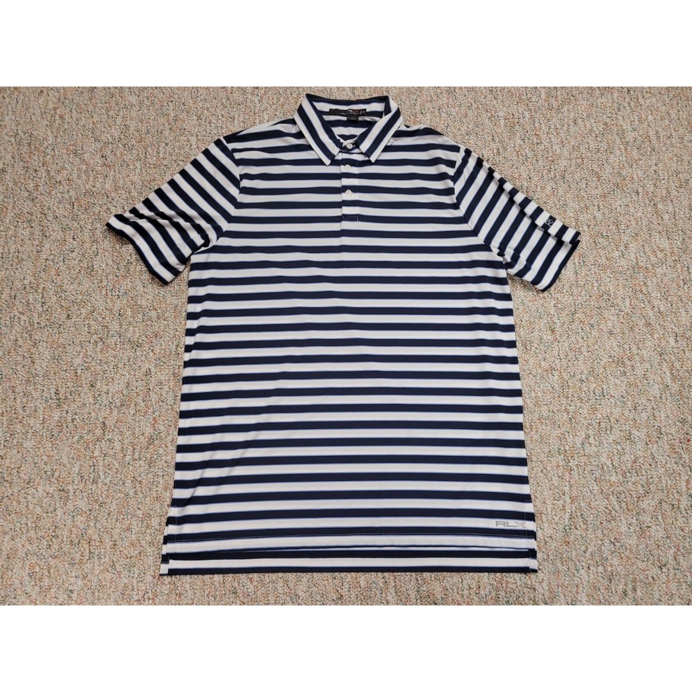 RLX Ralph Lauren Polo Golf Shirt Mens XL Blue White Stripe Stretch Performance